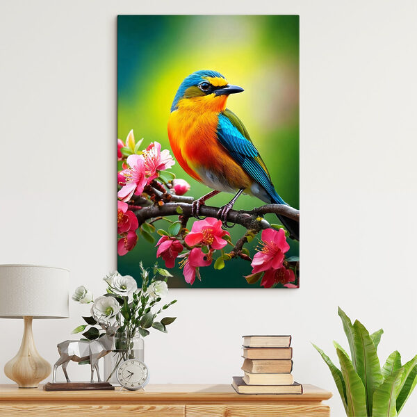 Kleurrijke vogel op een tak met roze bloemen Canvas Schilderijen Kleurrijke vogel op een tak met roze bloemen