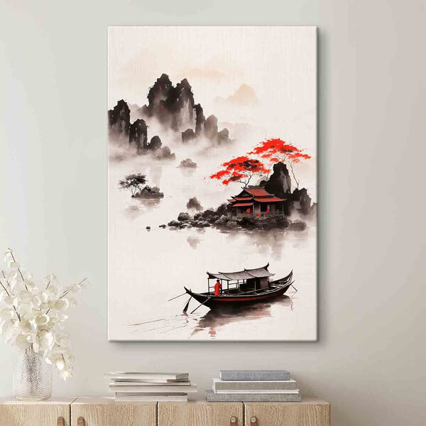 Schilderij van een huis en een boot in het water Canvas Schilderijen Schilderij van een huis en een boot in het water