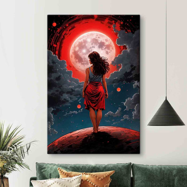 Vrouw kijkt naar de maan Canvas Schilderijen Vrouw kijkt naar de maan