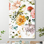 Canvas Schilderijen Vogel en bloemen op een witte achtergrond
