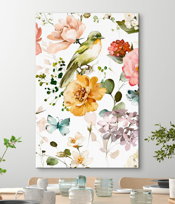 Vogel en bloemen op een witte achtergrond Canvas Schilderijen Vogel en bloemen op een witte achtergrond