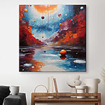 Canvas Schilderijen Schilderij van een meer met kleurrijke ballen en lichtjes