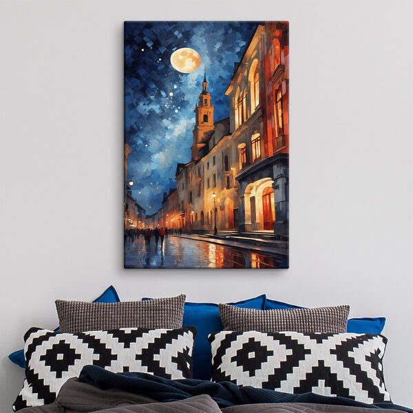 Straat met gebouwen en een maan Canvas Schilderijen Straat met gebouwen en een maan