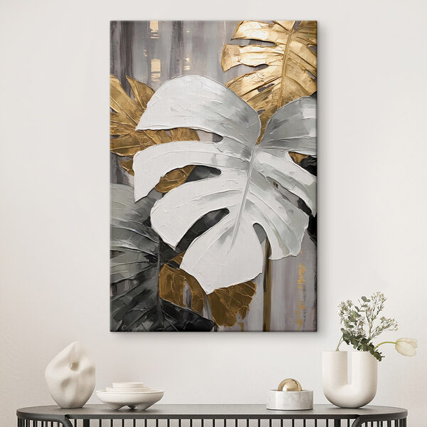 Monochroom ontmoet metallic bladtexturen Canvas Schilderijen Monochroom ontmoet metallic bladtexturen