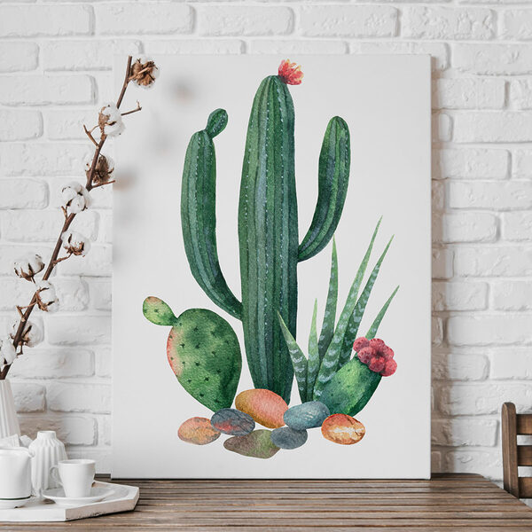Aquarel van een cactus en rotsen Canvas Schilderijen Aquarel van een cactus en rotsen