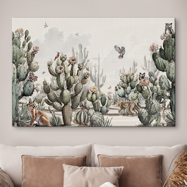 Groep cactussen en vogels Canvas Schilderijen Groep cactussen en vogels