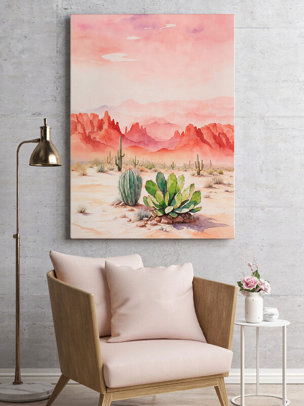 Aquarel van een woestijnlandschap met cactussen en bergen Canvas Schilderijen Aquarel van een woestijnlandschap met cactussen en bergen