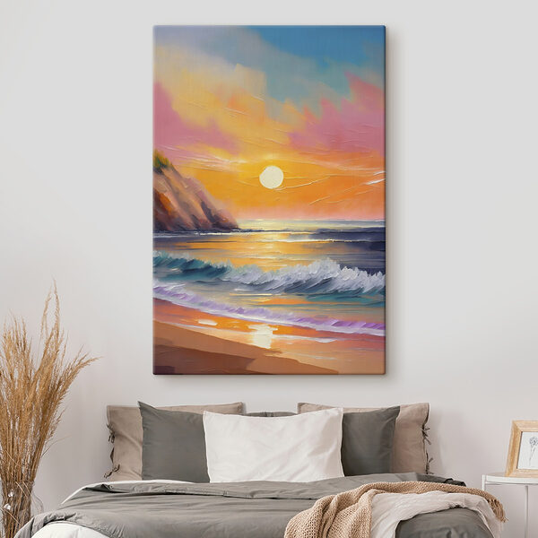 Schilderij van een strand met golven en heuvels Canvas Schilderijen Schilderij van een strand met golven en heuvels
