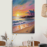 Canvas Schilderijen Schilderij van een huis op een strand