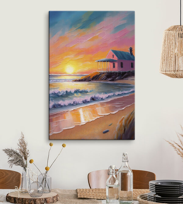 Schilderij van een huis op een strand Canvas Schilderijen Schilderij van een huis op een strand