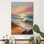 Canvas Schilderijen Schilderij van een strand met golven en een zonsondergang