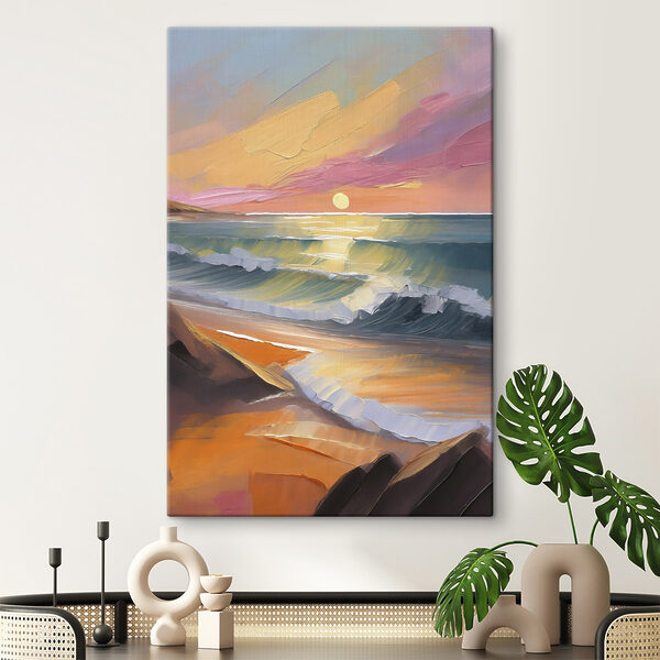 Schilderij van een strand met golven en een zonsondergang Canvas Schilderijen Schilderij van een strand met golven en een zonsondergang