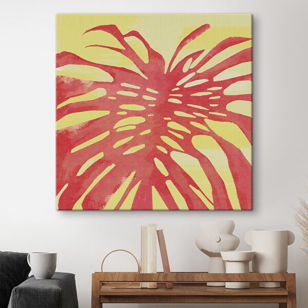 Rood blad op gele achtergrond Canvas Schilderijen Rood blad op gele achtergrond