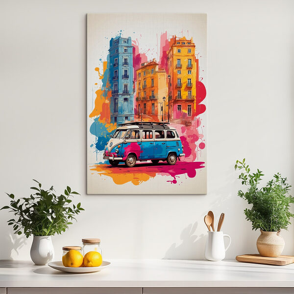 Busje met een dak erop en een kleurrijk gebouw Canvas Schilderijen Busje met een dak erop en een kleurrijk gebouw