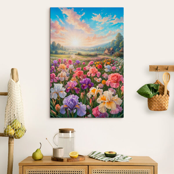 Bloemenveld met een huis op de achtergrond Canvas Schilderijen Bloemenveld met een huis op de achtergrond