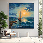 Canvas Schilderijen Schilderij van een zeilboot in de oceaan