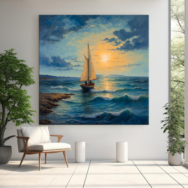 Schilderij van een zeilboot in de oceaan Canvas Schilderijen Schilderij van een zeilboot in de oceaan