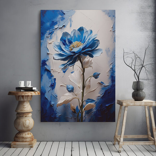 Blauwe bloem met witte bladeren Canvas Schilderijen Blauwe bloem met witte bladeren