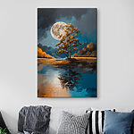 Canvas Schilderijen Boom op een meer met een volle maan op de achtergrond