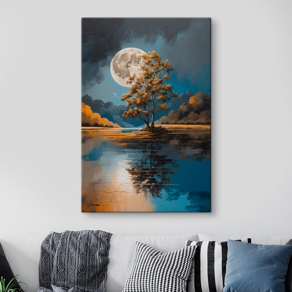Boom op een meer met een volle maan op de achtergrond Canvas Schilderijen Boom op een meer met een volle maan op de achtergrond