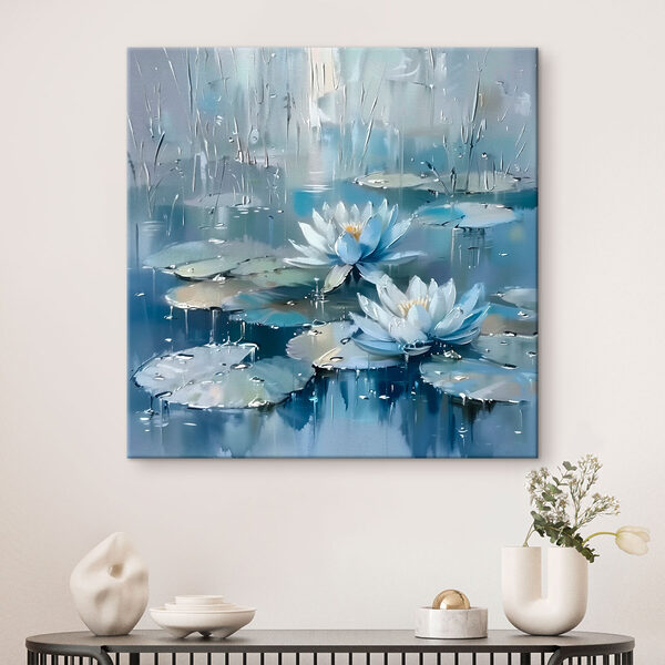 Schilderij van waterlelies en bladeren Canvas Schilderijen Schilderij van waterlelies en bladeren