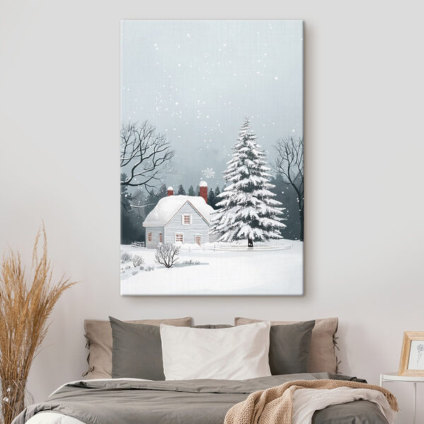 Huis met sneeuw op het dak en een boom in de sneeuw Canvas Schilderijen Huis met sneeuw op het dak en een boom in de sneeuw