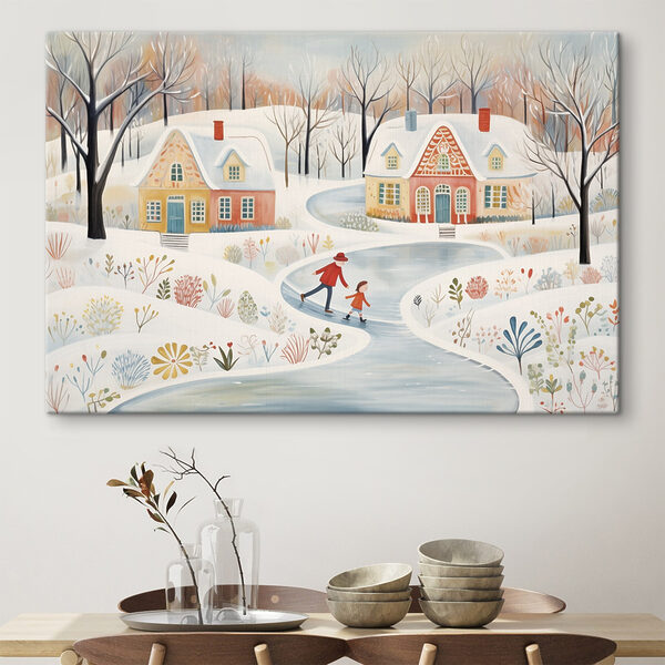 Schilderij van een paar mensen die schaatsen op een besneeuwde weg Canvas Schilderijen Schilderij van een paar mensen die schaatsen op een besneeuwde weg