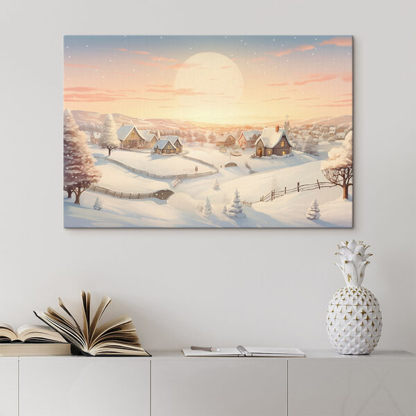 Besneeuwd dorp met bomen en een hek Canvas Schilderijen Besneeuwd dorp met bomen en een hek