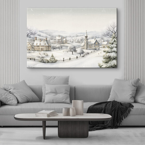 Besneeuwd dorp met een kerk en bomen Canvas Schilderijen Besneeuwd dorp met een kerk en bomen