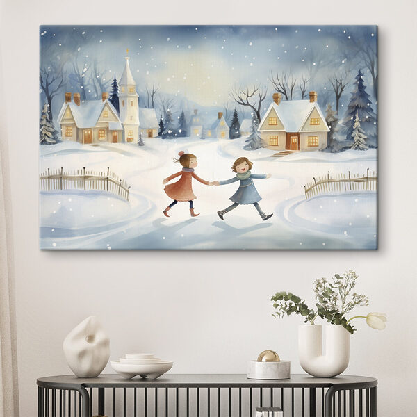 Een paar meisjes wandelen in de sneeuw Canvas Schilderijen Een paar meisjes wandelen in de sneeuw