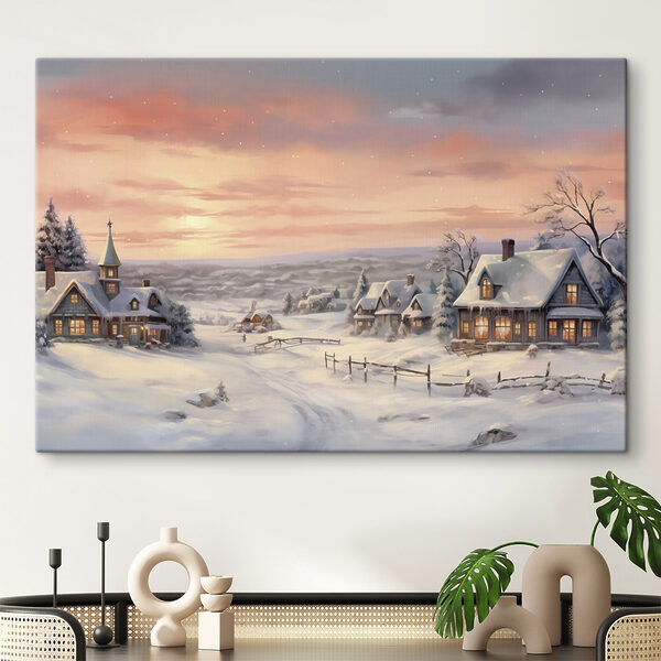 Besneeuwd dorp met huizen en een hek Canvas Schilderijen Besneeuwd dorp met huizen en een hek