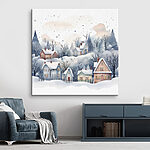 Canvas Schilderijen Aquarel van huizen en bomen in de sneeuw