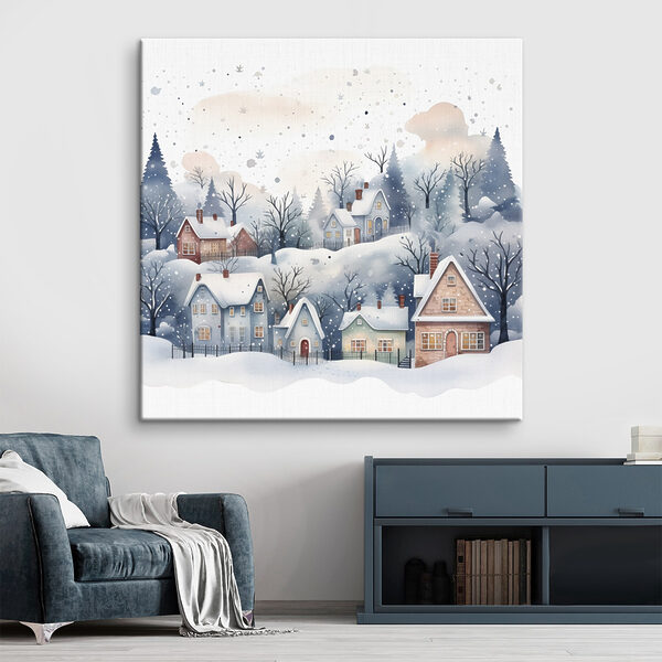 Aquarel van huizen en bomen in de sneeuw Canvas Schilderijen Aquarel van huizen en bomen in de sneeuw