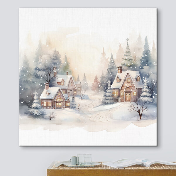 Aquarel van huizen in een besneeuwd bos Canvas Schilderijen Aquarel van huizen in een besneeuwd bos