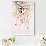Canvas Schilderijen Aquarel van roze bloemen en groene bladeren