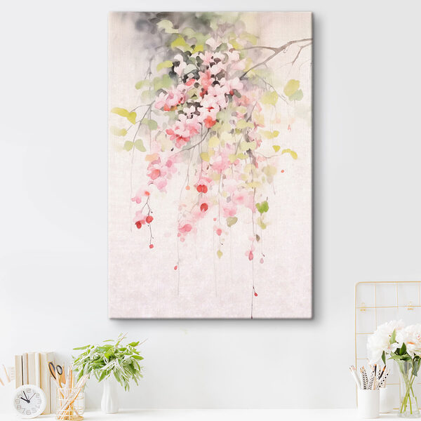 Aquarel van roze bloemen en groene bladeren Canvas Schilderijen Aquarel van roze bloemen en groene bladeren