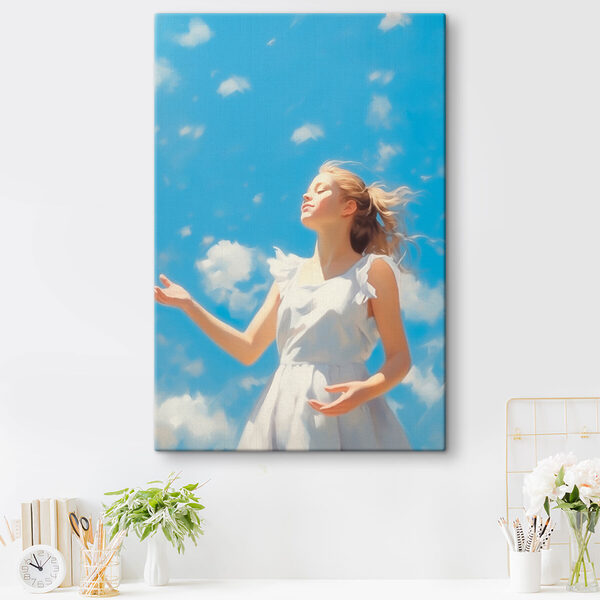 Vrouw in een witte jurk met haar armen in de lucht Canvas Schilderijen Vrouw in een witte jurk met haar armen in de lucht
