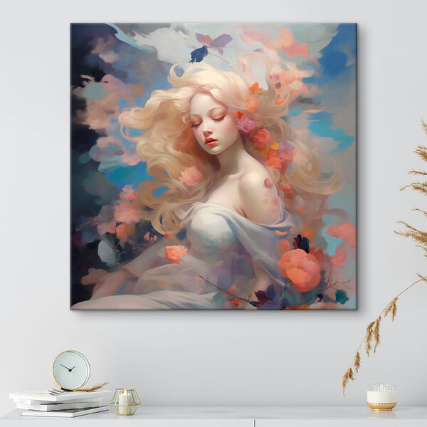 Vrouw met lang blond haar en bloemen in haar haar Canvas Schilderijen Vrouw met lang blond haar en bloemen in haar haar