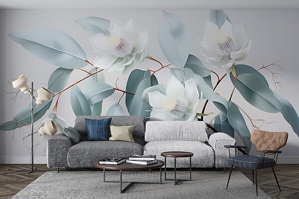 Witte bloemen en bladeren aan een tak Fotobehang Witte bloemen en bladeren aan een tak