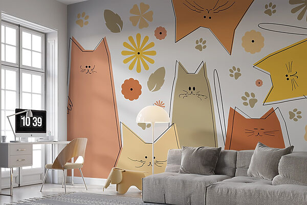 Groep katten en bloemen Fotobehang Groep katten en bloemen