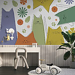 Fotobehang Groep katten met bloemen en bladeren