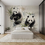 Fotobehang Panda's in gras