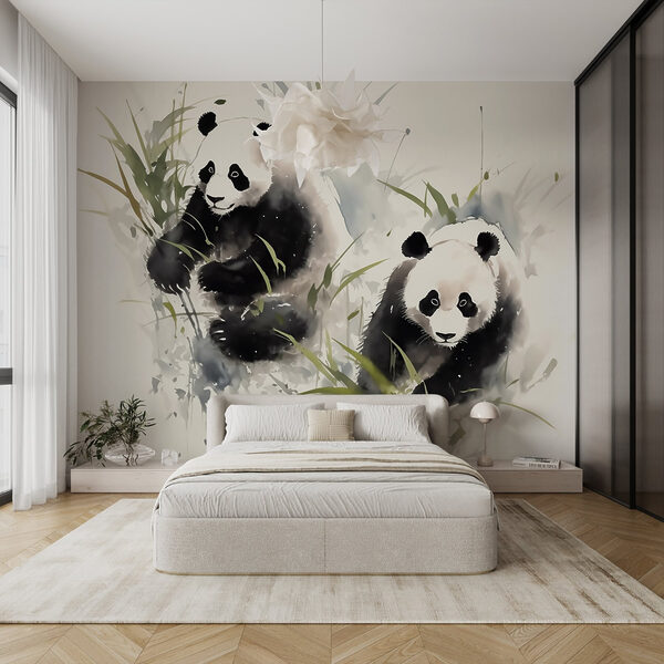 Panda's in gras Fotobehang Panda's in gras