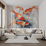 Fotobehang Groep oranje en witte vissen zwemmend in water