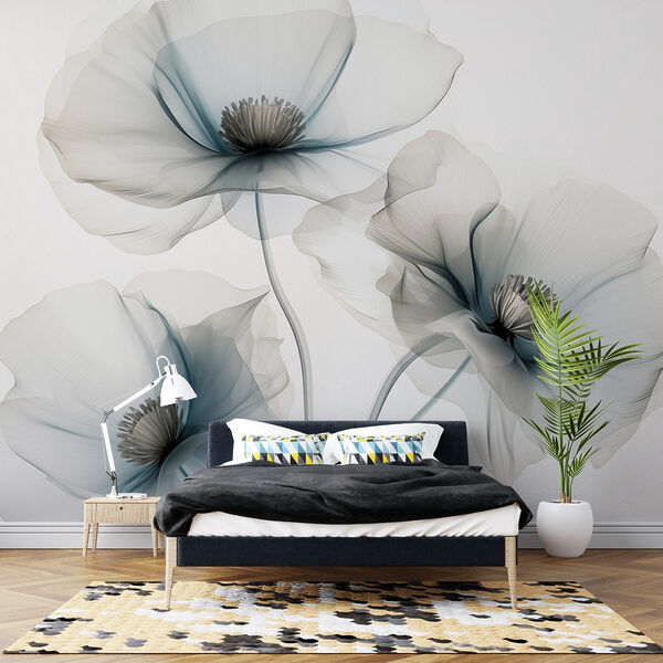 Groep bloemen met lichtblauwe bloemblaadjes Fotobehang Groep bloemen met lichtblauwe bloemblaadjes