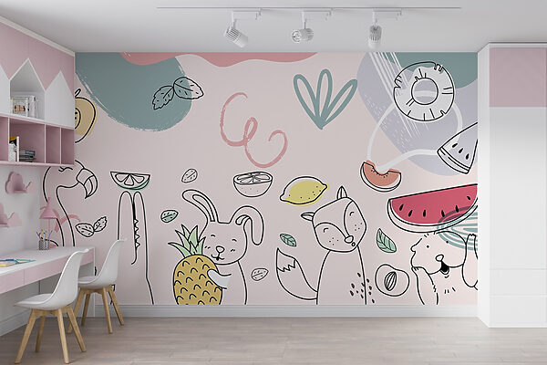 Beeldverhaal dieren die fruit vasthouden Fotobehang Beeldverhaal dieren die fruit vasthouden