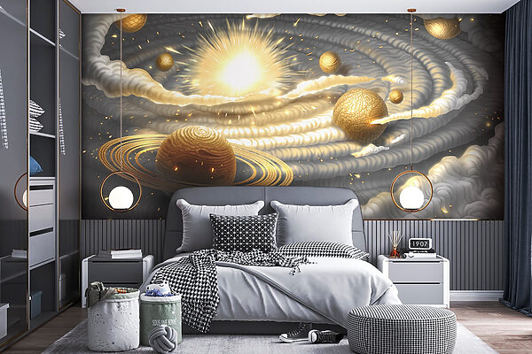 Planeet met ringen en sterren aan de hemel Fotobehang Planeet met ringen en sterren aan de hemel