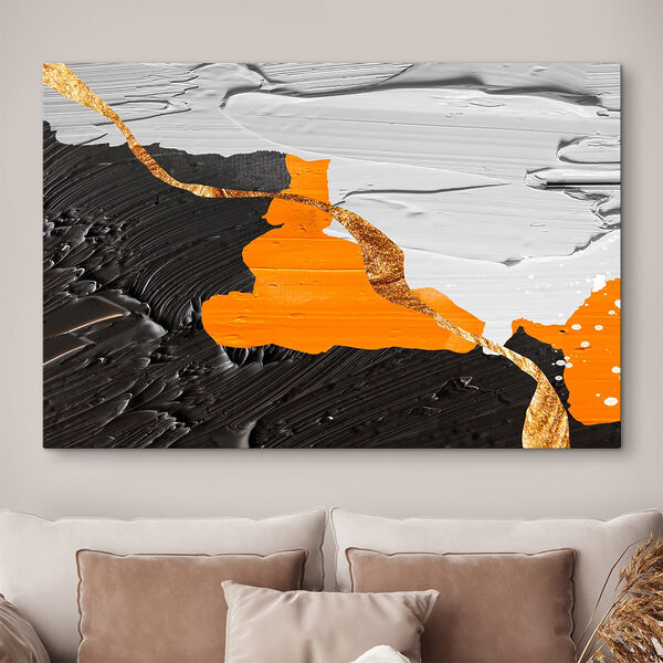 Zwart-wit schilderij met oranje en witte verf Canvas Schilderijen Zwart-wit schilderij met oranje en witte verf