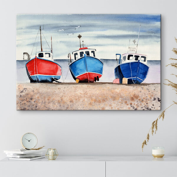 Aquarel van boten op een strand Canvas Schilderijen Aquarel van boten op een strand