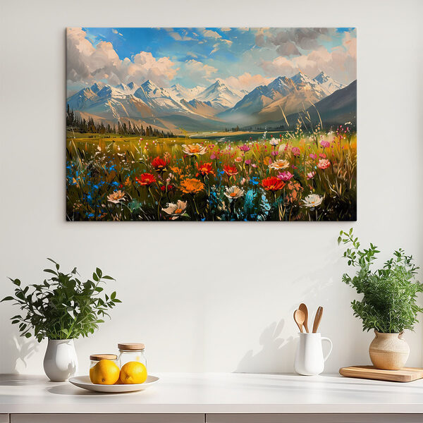 Bloemenveld met bergen op de achtergrond Canvas Schilderijen Bloemenveld met bergen op de achtergrond